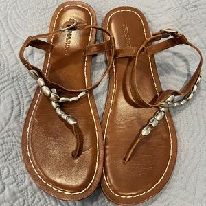 Bernardo Brown Leather Flat Sandals with Beading, Size 9.5